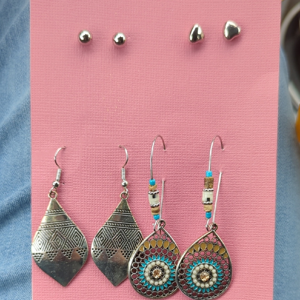 Mixed Silver Toneand Turquoise Teardrop & Geometric Earrings Set